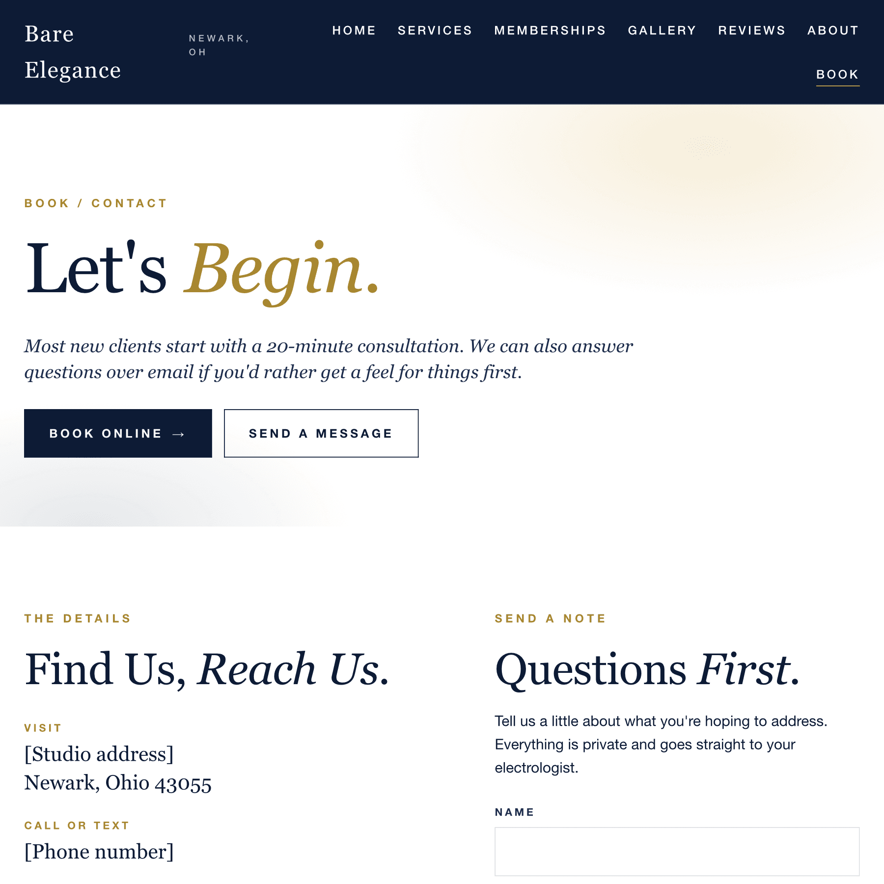 Bare Elegance contact page