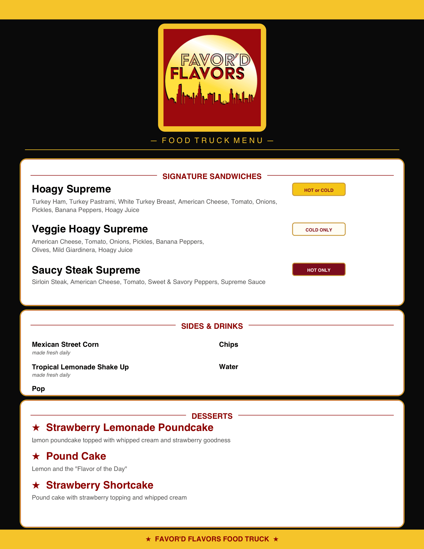 Favor'D Flavors food truck menu